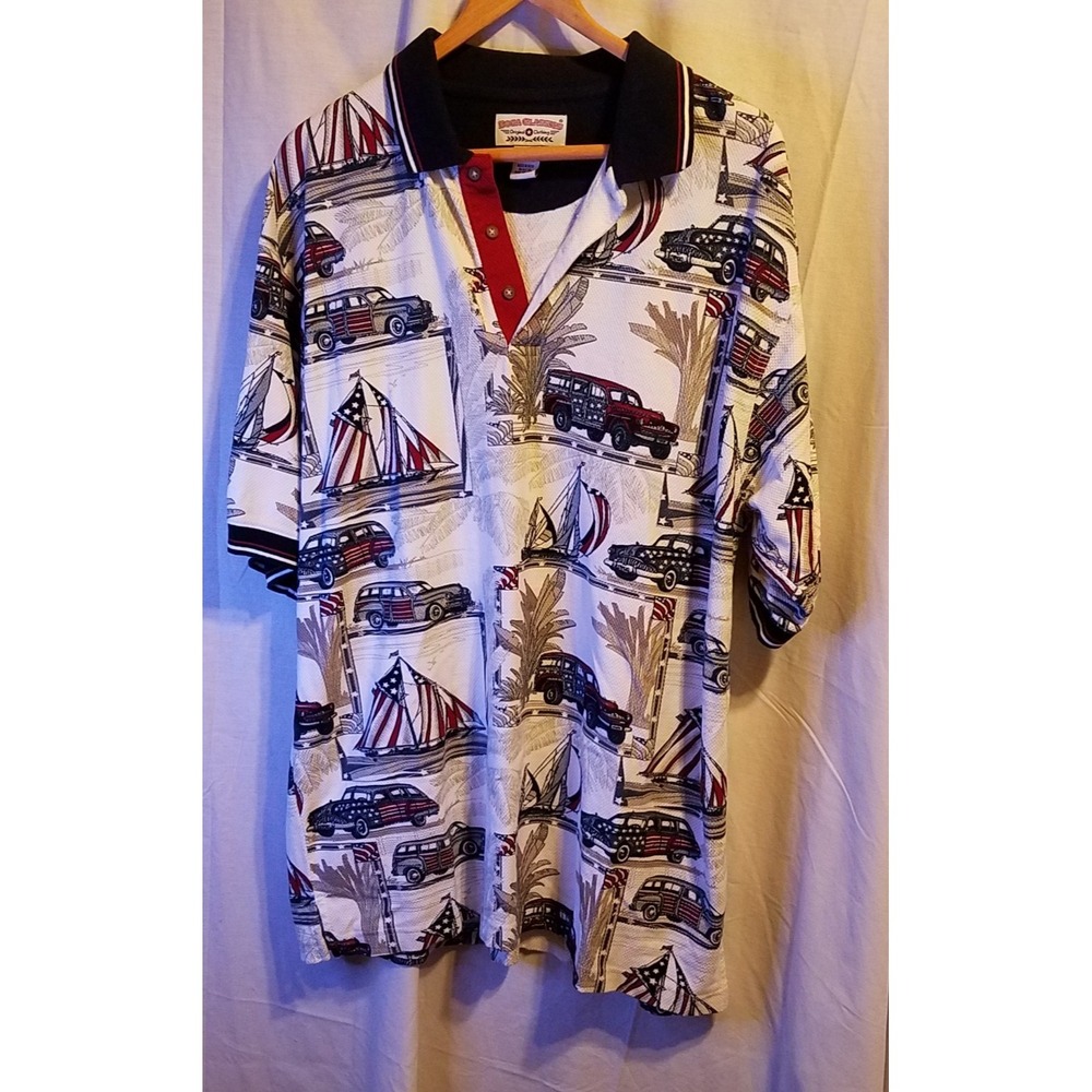Boca Classics Polo Shirt Mens Extra Large Beach Classic Cars Boats Americana VTG
